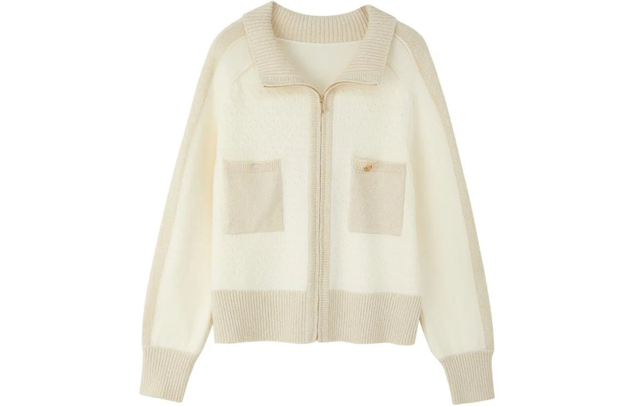 【dme】 撞色立领拉链开衫长袖针织衫 女款 杏色