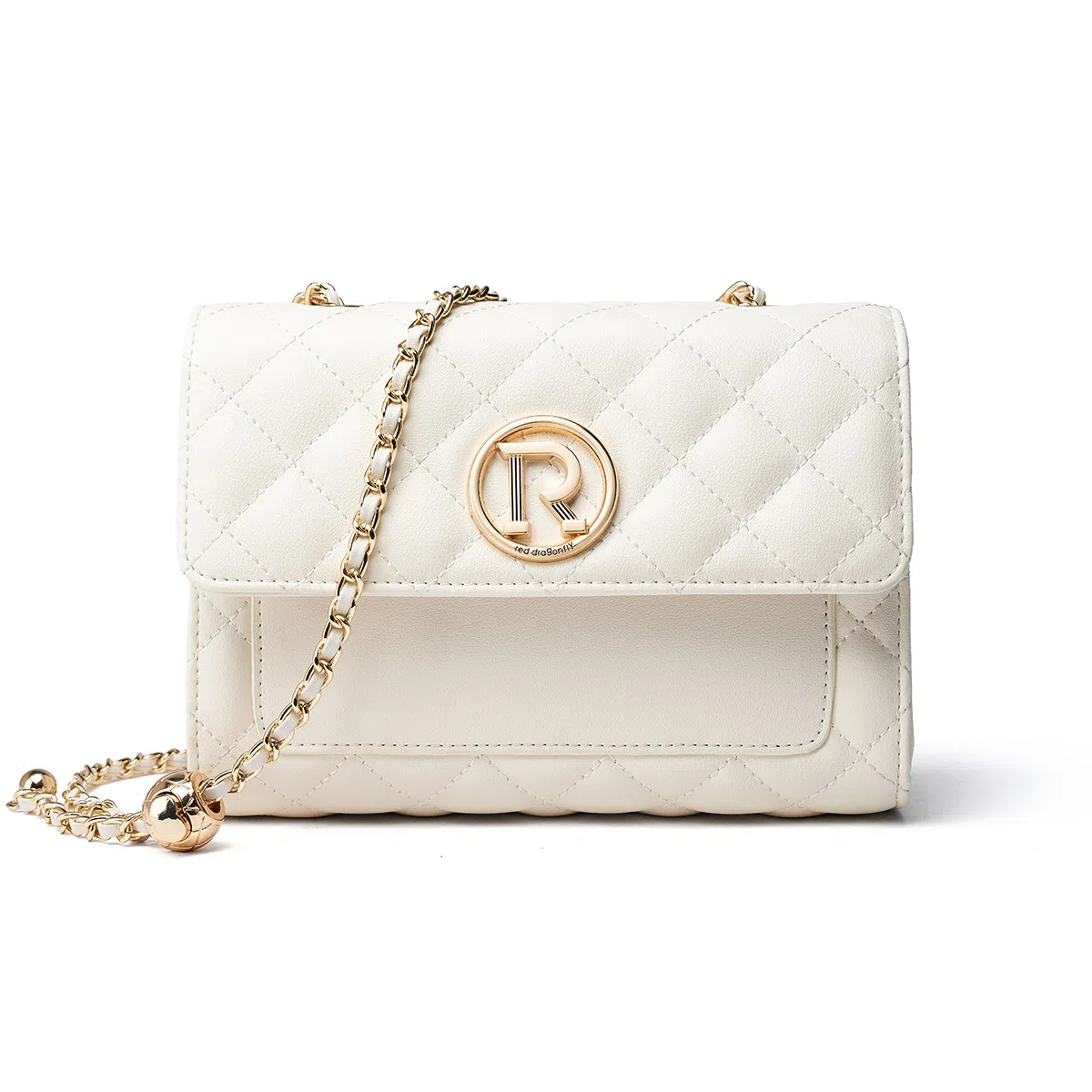 红蜻蜓 小香风时尚菱格磁扣开合 牛剖层皮革超细纤维合成革 链条包单肩包斜挎包 中号 女款 白色