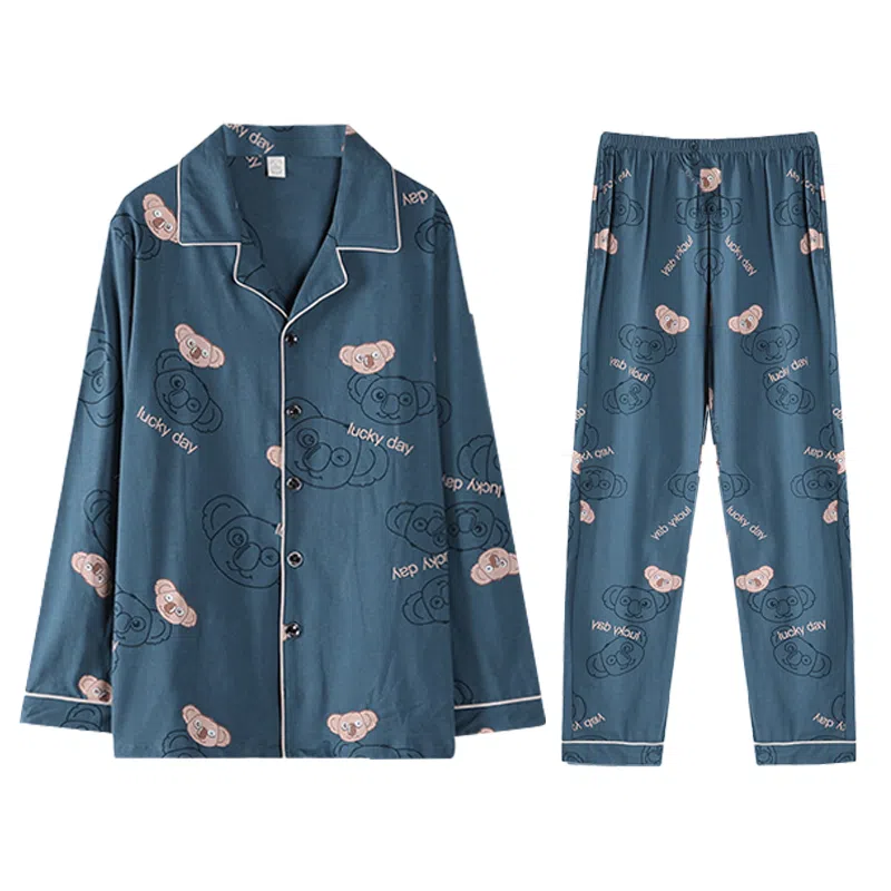 兰缪 纯棉卡通印花宽松睡衣套装 男款 蓝色