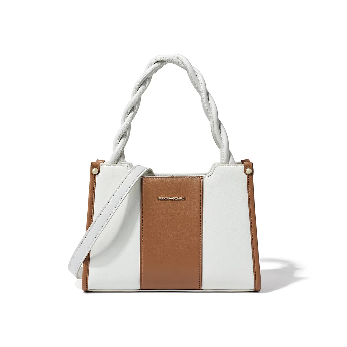 红蜻蜓 通勤女式手提包斜挎单肩包牛剖层皮革配超细纤维合成革 女款 白色拼棕色