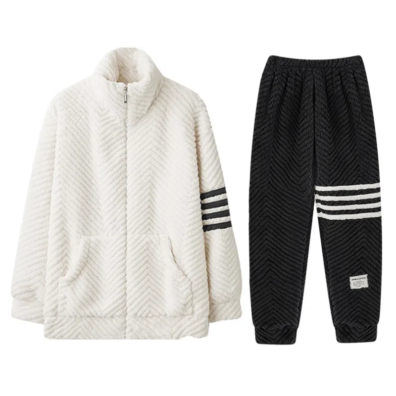 兰缪 秋冬季珊瑚绒男生睡衣 学生宿舍运动休闲加厚加绒家居服可外穿 家居套装  男款  白色