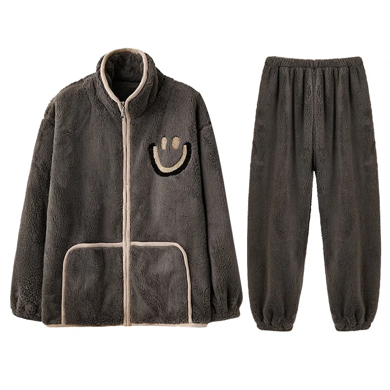 兰缪 珊瑚绒笑脸休闲加厚加绒家居服可外穿睡衣套装 男款 棕色