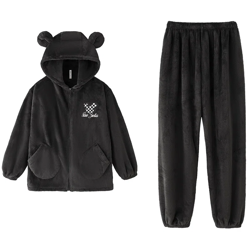 小情歌 家居服睡衣 珊瑚绒保暖睡衣男秋冬家居服男冬季长袖长裤男士连帽小熊耳朵家居套装 男款 黑色