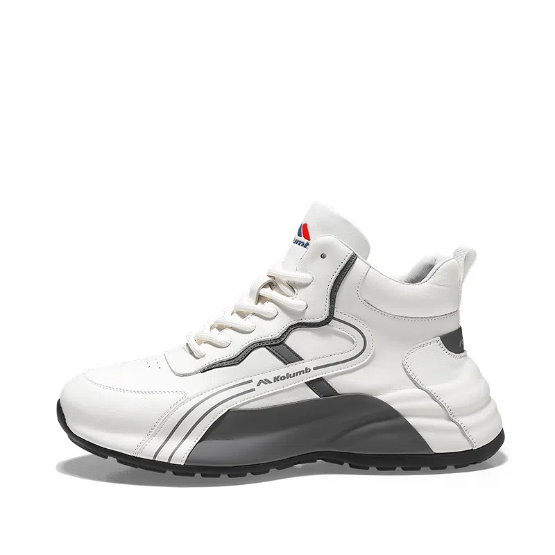 哥仑步 头层牛皮 厚底舒适 高帮 生活休闲鞋 男款 白灰