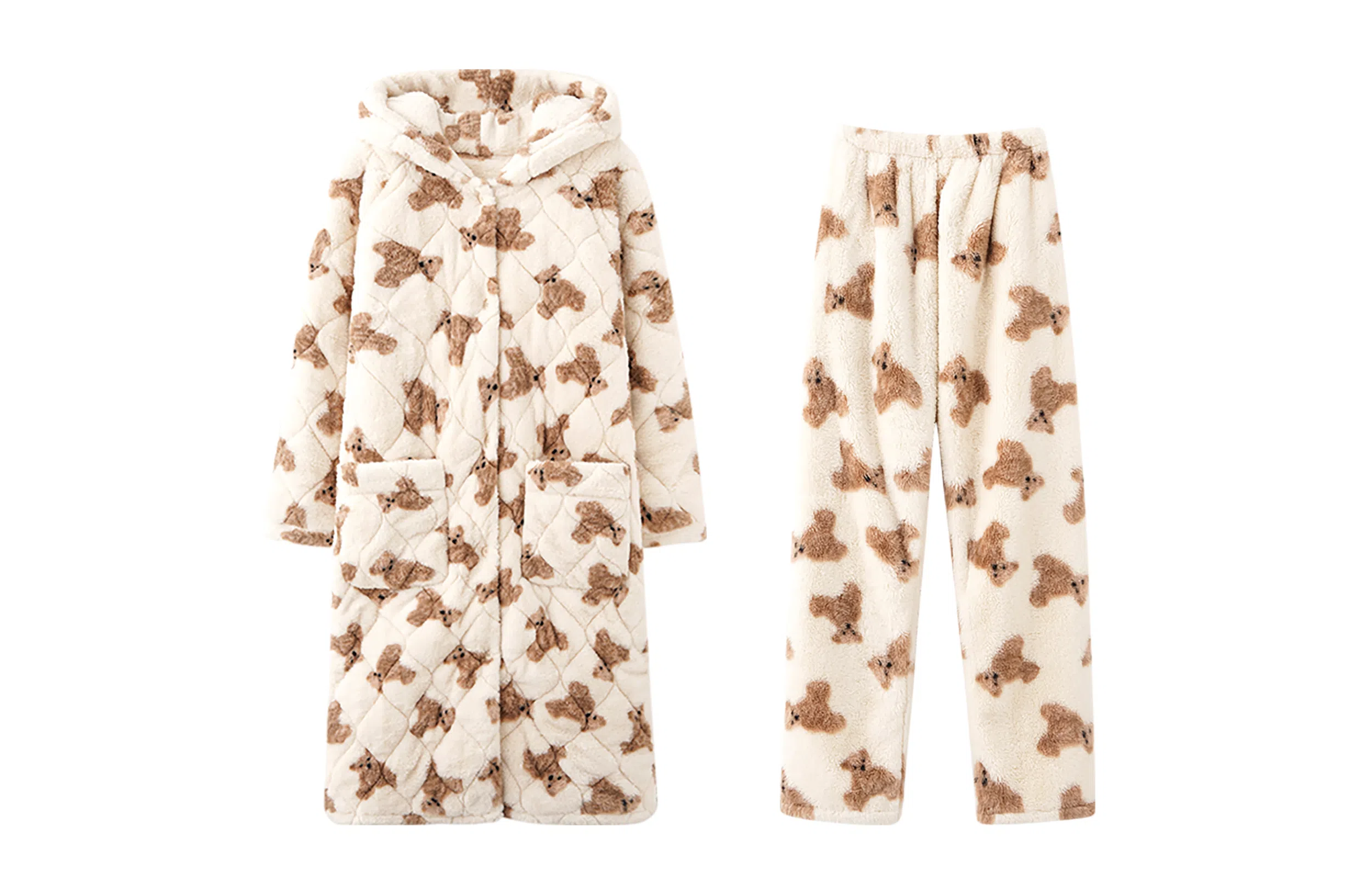 热妒 睡衣女冬季珊瑚绒三层夹棉睡袍可爱小熊保暖加绒加厚家居服可外穿 家居套装  女款