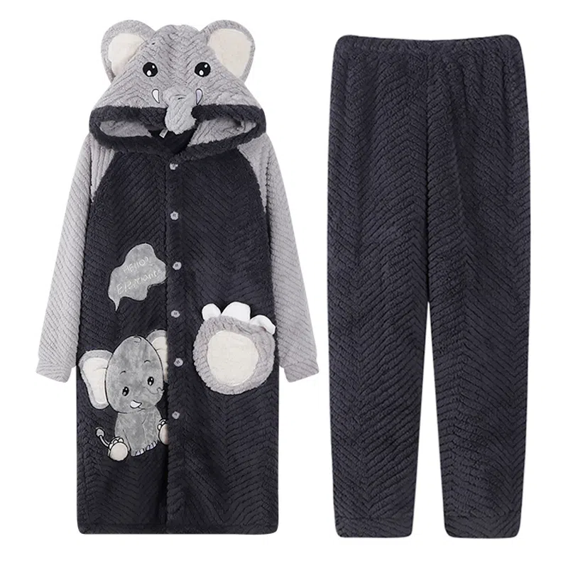 兰缪 秋冬季珊瑚绒男生 睡衣 卡通大象加厚加绒可外穿家居服睡衣套装 男款 黑色