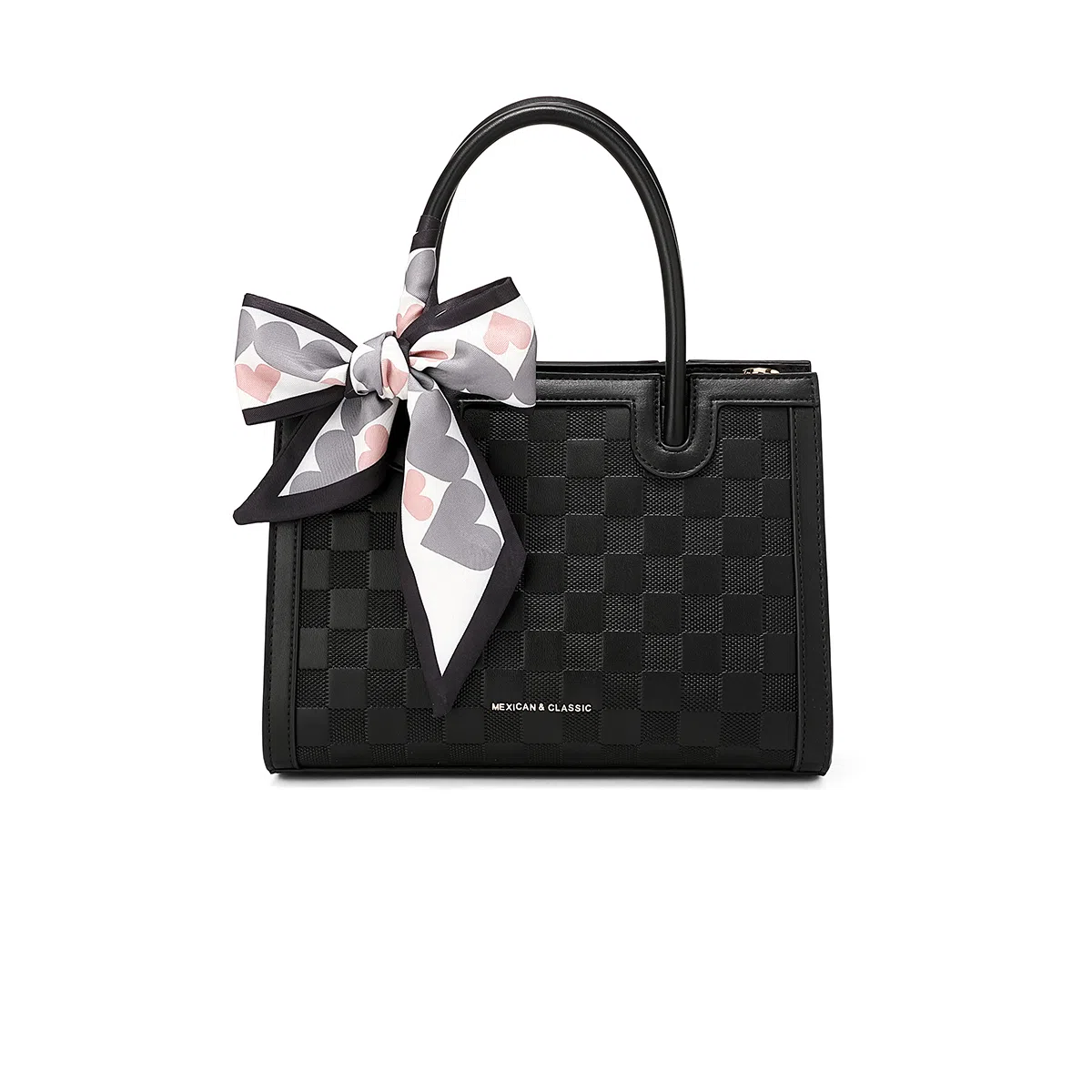 稻草人 大容量棋盘格纹压印 聚氨酯革 手提包 常规 女款 黑色/深红/象牙白