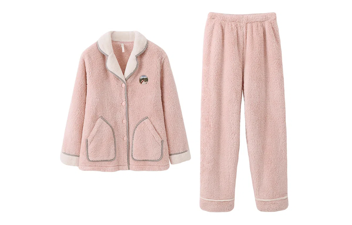 安之伴 秋冬睡衣雪花绒保暖加绒加厚开衫翻领家居套装 女款 浅粉