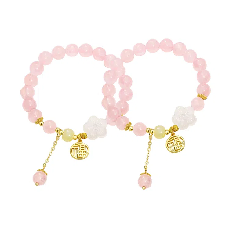 华髻 新中式福牌桃花精致小清新甜妹福牌粉色招桃花中国风高级感甜美可爱纯欲风文玩叠戴 玻璃 手串 女款