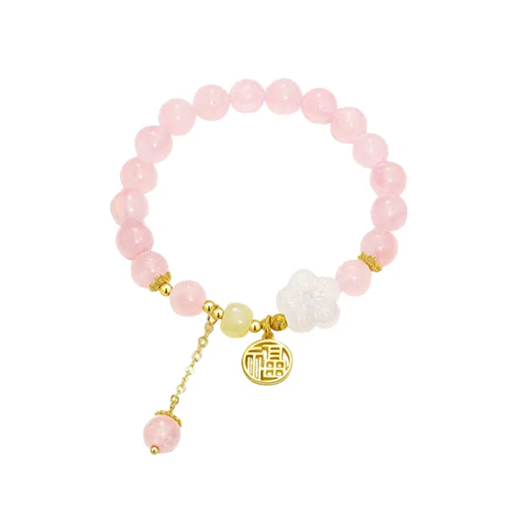 华髻 新中式福牌桃花精致小清新甜妹福牌粉色招桃花中国风高级感甜美可爱纯欲风文玩叠戴 玻璃 手串 女款