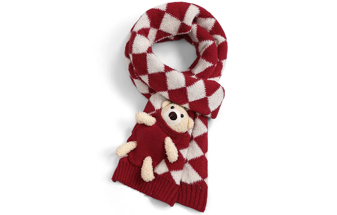 优幽兰 百搭菱格针织加厚保暖护脖子经典款小熊防风防寒氛围感 绒线围巾 女款