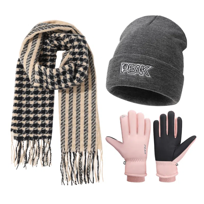 匹克 甜美小格纹流苏 保暖亲肤显气质 三件套 绒线围巾 女款