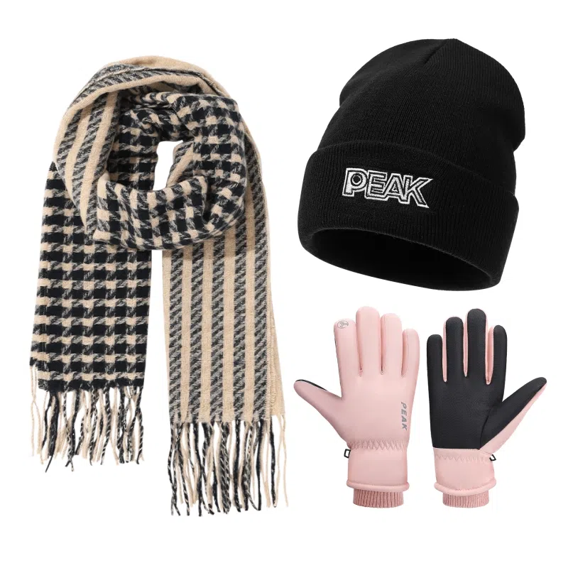 匹克 甜美小格纹流苏 保暖亲肤显气质 三件套 绒线围巾 女款