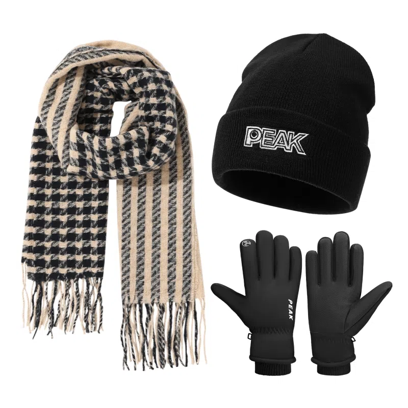 匹克 甜美小格纹流苏 保暖亲肤显气质 三件套 绒线围巾 女款