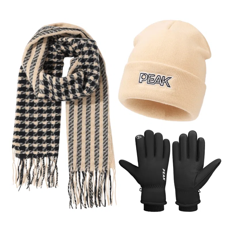 匹克 甜美小格纹流苏 保暖亲肤显气质 三件套 绒线围巾 女款