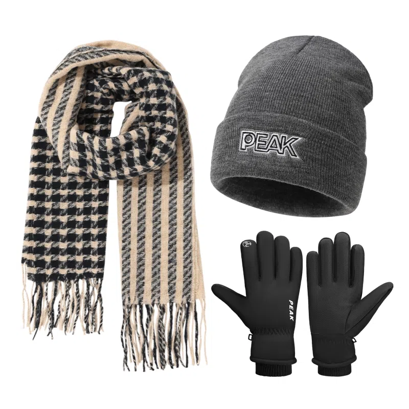 匹克 甜美小格纹流苏 保暖亲肤显气质 三件套 绒线围巾 女款