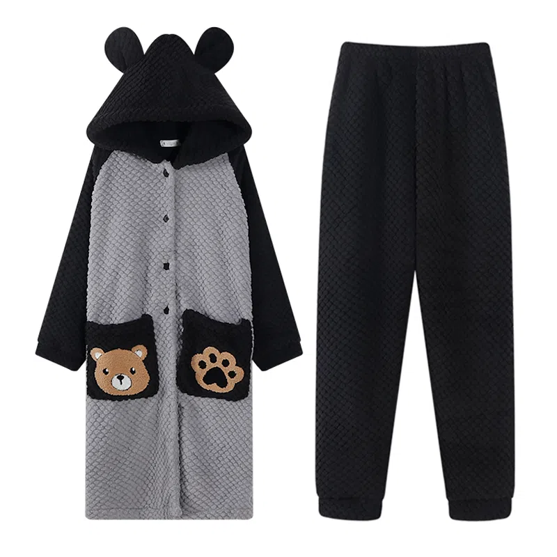 兰缪 秋冬季珊瑚绒男生 睡衣 卡通大象加厚加绒可外穿家居服睡衣套装 男款 黑色