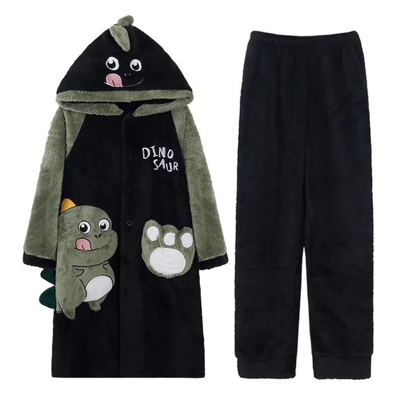 兰缪 秋冬季珊瑚绒男生 睡衣 卡通大象加厚加绒可外穿家居服睡衣套装 男款 黑色