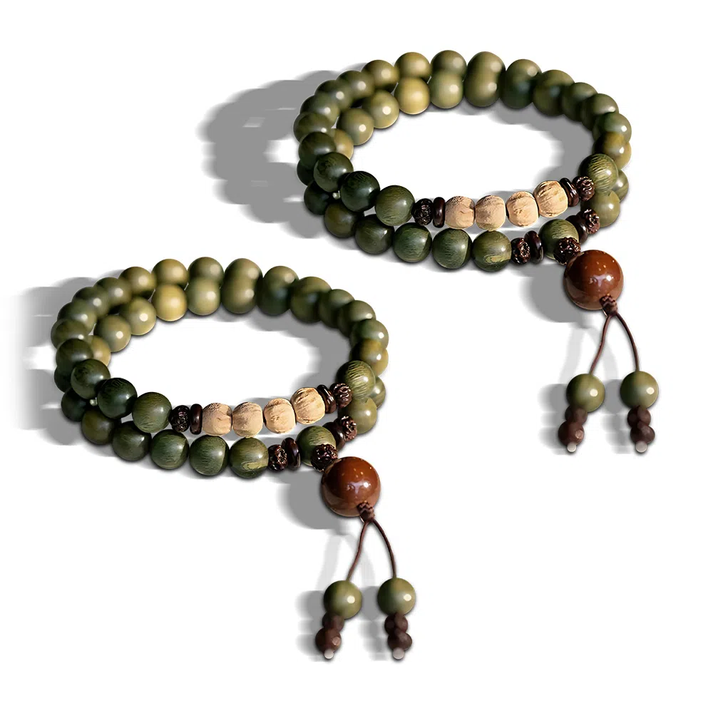 饰伴 绿檀香木  国潮新中式森系檀木佛珠新中式国风檀香莲花转运珠多圈叠戴 手链 男女同款情侣款