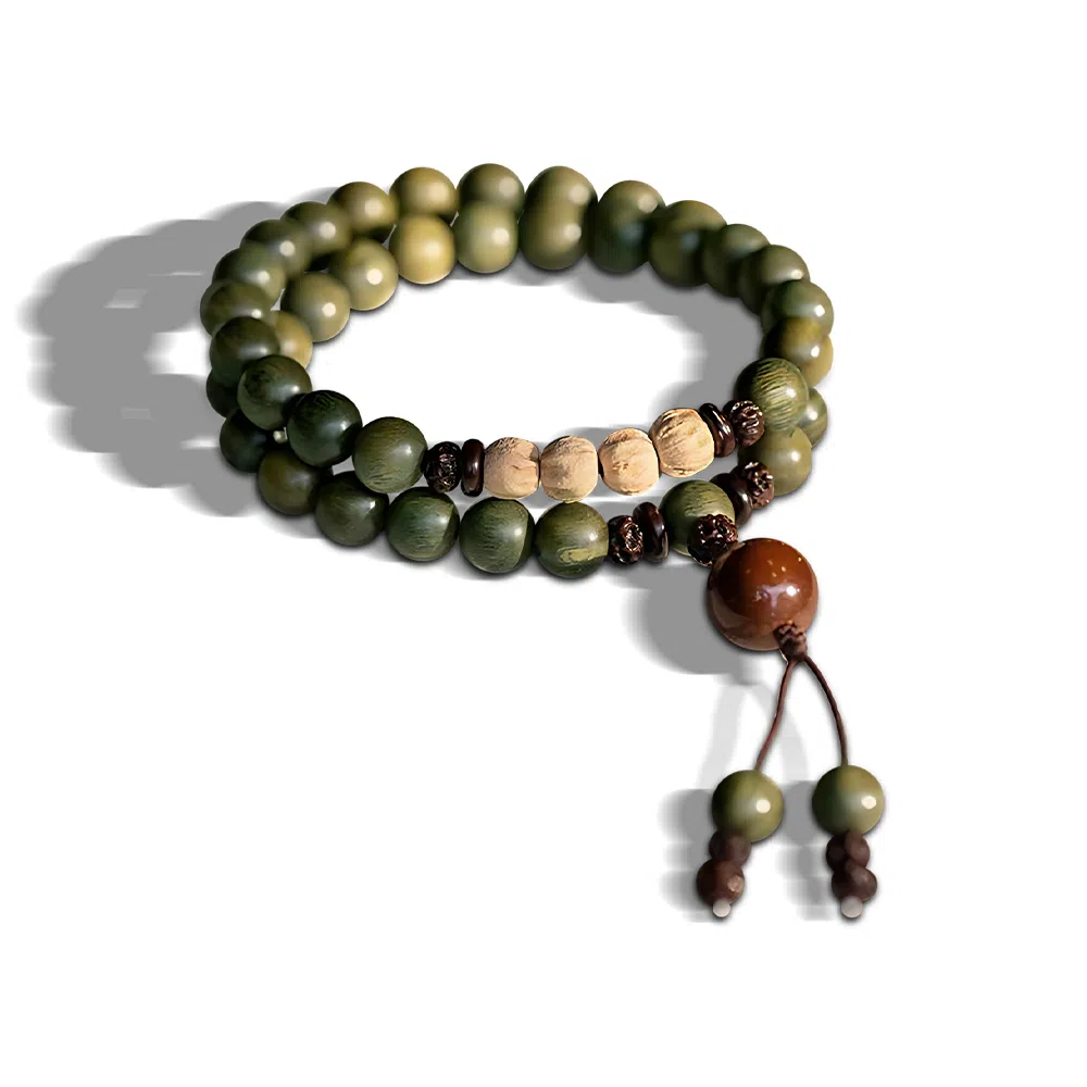 饰伴 绿檀香木  国潮新中式森系檀木佛珠新中式国风檀香莲花转运珠多圈叠戴 手链 男女同款情侣款