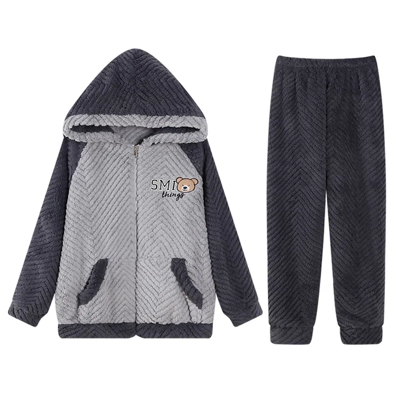 兰缪 秋冬季珊瑚绒睡衣 加厚加绒家居服 家居套装  男款  黑色