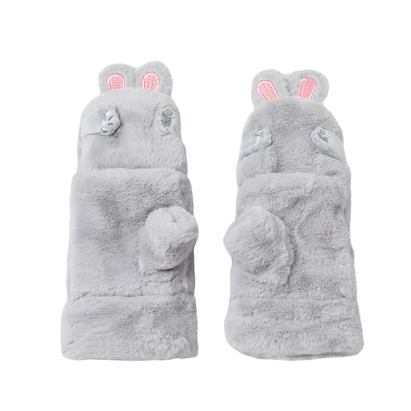 优幽兰 半指翻盖毛边保暖小兔子纯色可触屏防风防寒实用可爱学生闺蜜穿搭休闲毛绒出行护手 绒线手套 女款