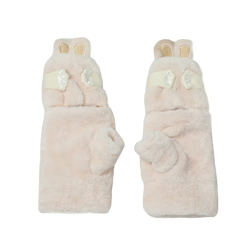 优幽兰 半指翻盖毛边保暖小兔子纯色可触屏防风防寒实用可爱学生闺蜜穿搭休闲毛绒出行护手 绒线手套 女款