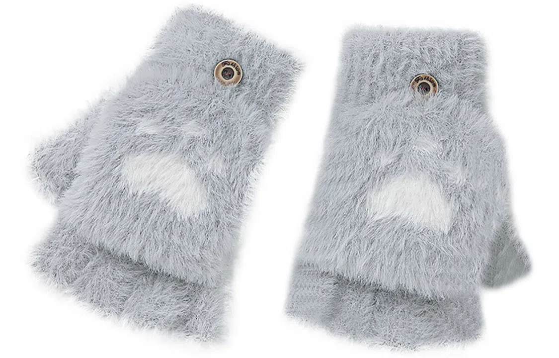 优幽兰 翻盖可爱猫爪露半指针织毛线学生上学通勤设计感小众防风防寒保暖卡通便携护手 绒线手套 女款