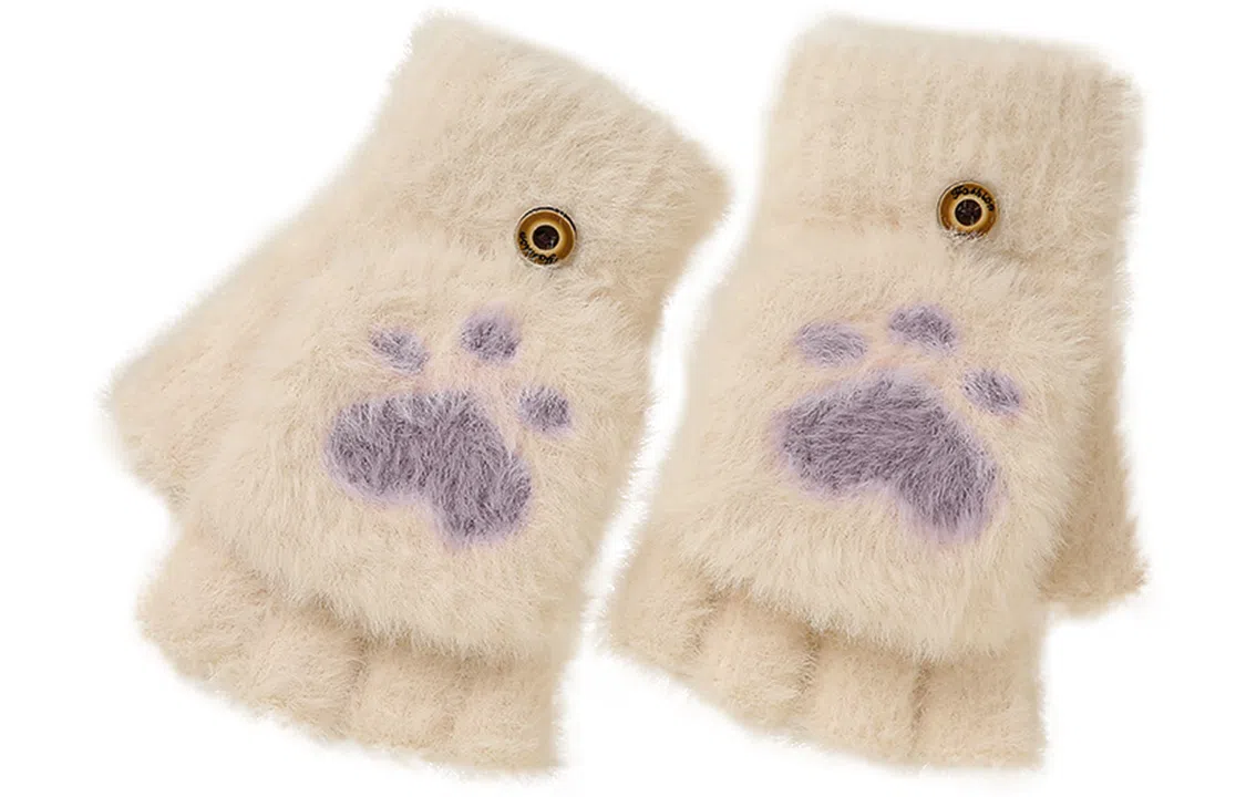 优幽兰 翻盖可爱猫爪露半指针织毛线学生上学通勤设计感小众防风防寒保暖卡通便携护手 绒线手套 女款