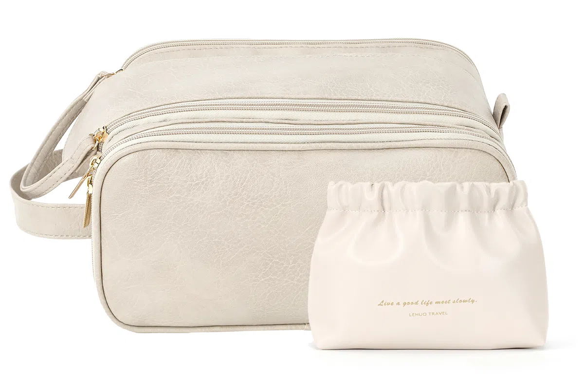 乐活旅行 时尚便捷式大容量防水耐脏分区设计方便拿取 皮革 洗漱包化妆包 常规 男女同款情侣款 米白色/黑色/藕色