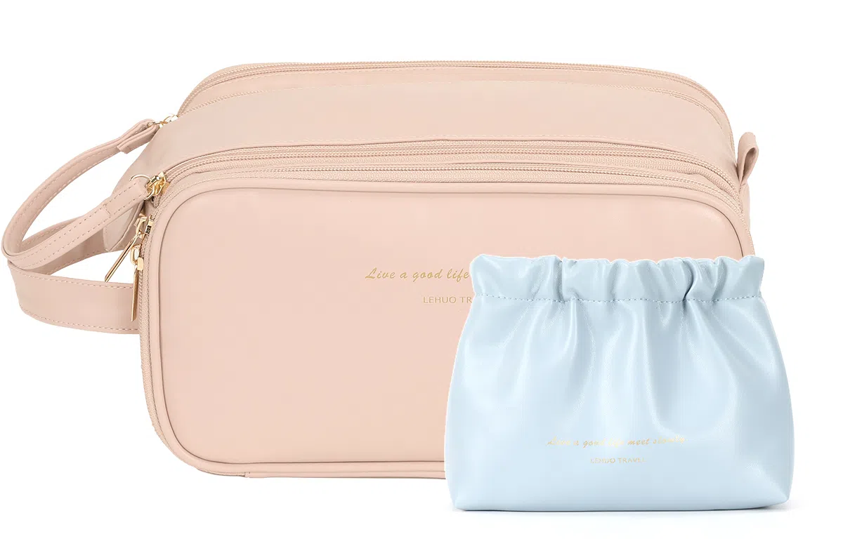 乐活旅行 时尚便捷式大容量防水耐脏分区设计方便拿取 皮革 洗漱包化妆包 常规 男女同款情侣款 米白色/黑色/藕色