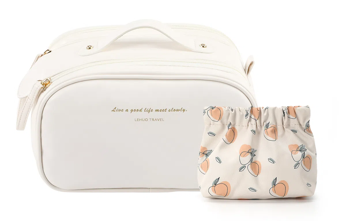 乐活旅行 耐脏防水大容量便携式皮革面包款双拉链化妆包 男女同款 白色/藕色