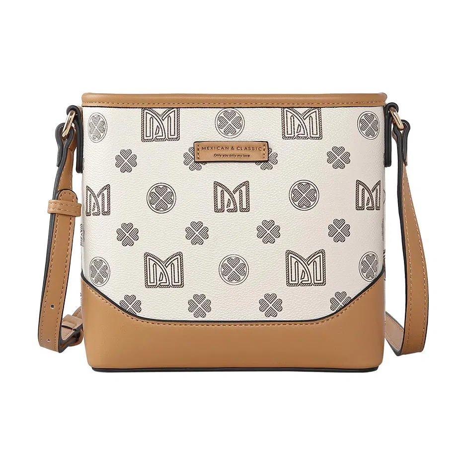 稻草人 经典复古老花印花撞色 聚氯乙烯革和聚氨酯革 水桶包单肩包斜挎包 常规 女款 深棕色/米白