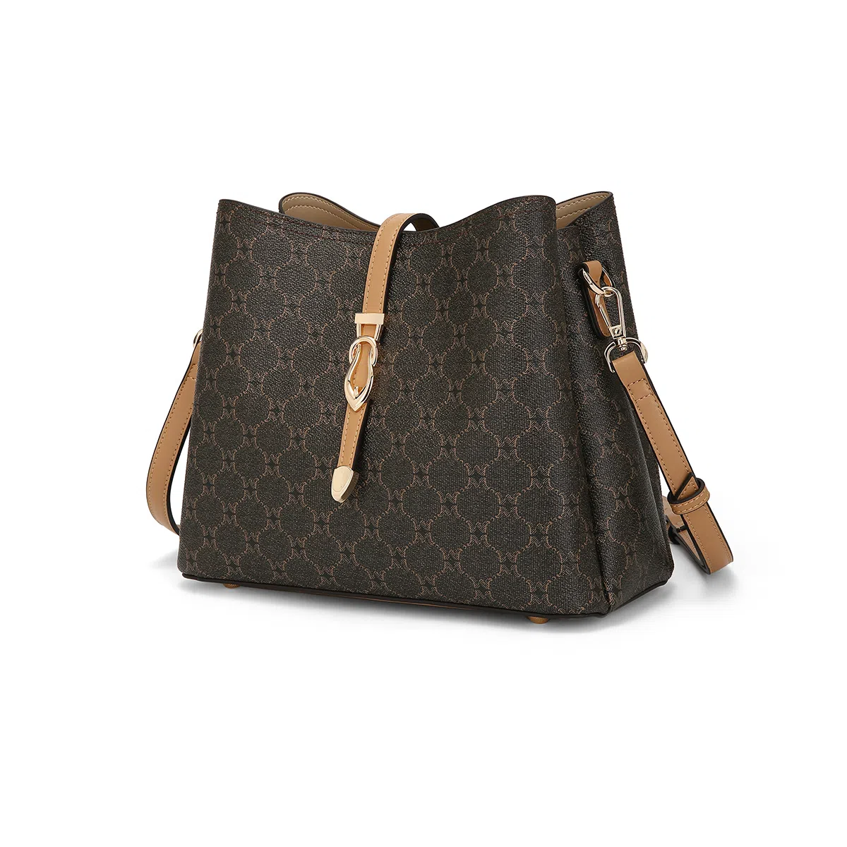 稻草人 经典老花纹印花可调节肩带 聚氨酯 水桶包单肩包斜挎包 常规 女款 深棕色/卡其