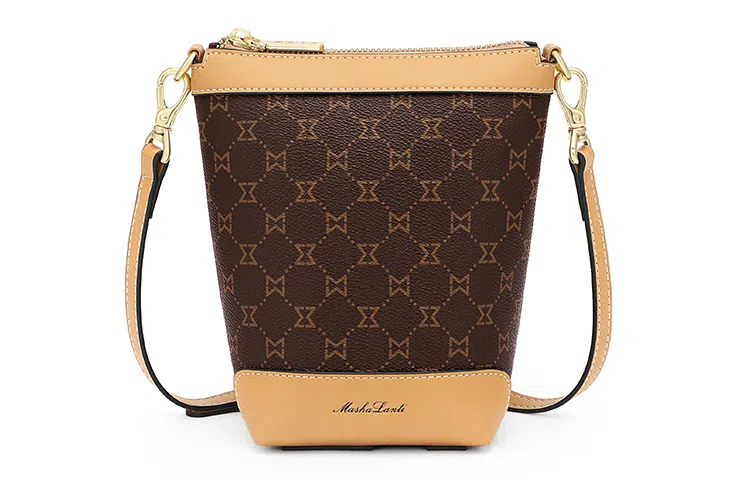 马莎兰缇 复古老花经典百搭高级感气质小众上班通勤欧美风个性 合成革 水桶包单肩斜挎包 女款 深棕配杏/啡色