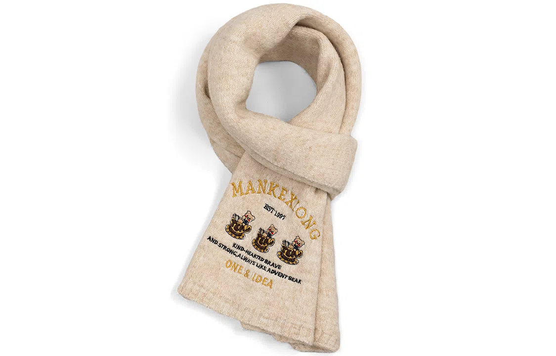 优幽兰 百搭时尚仿羊绒纯色 设计感小熊刺绣防风防寒护脖子简约休闲 绒线围巾 女款