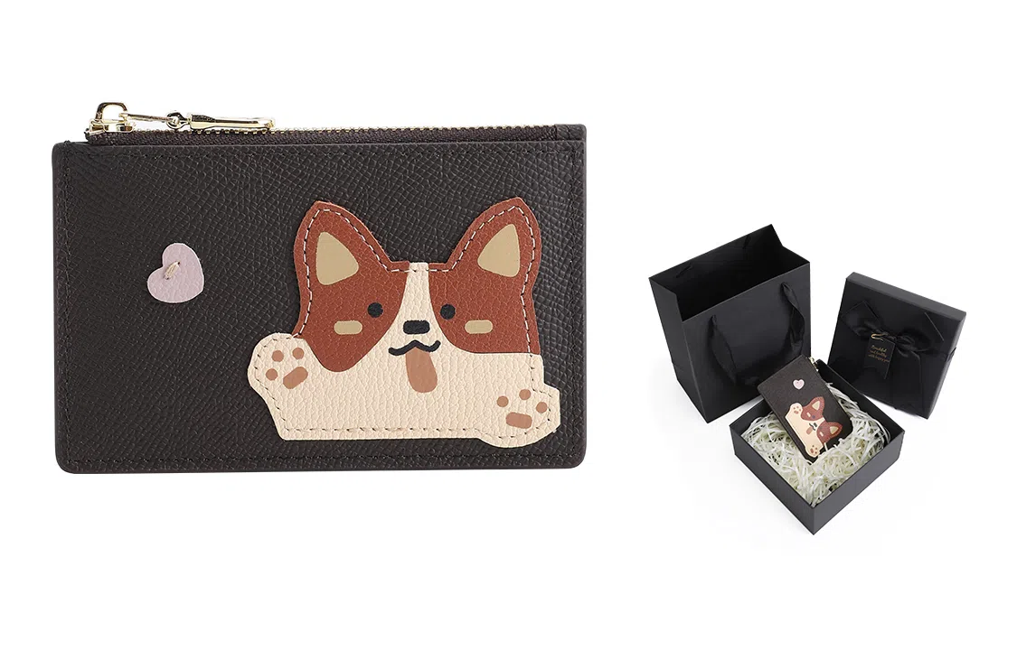 奢护匠心坊 可爱小熊卡包 头层牛皮 钱包一体大容量多卡位真皮轻薄证件收纳包带 男女同款情侣款 棕色