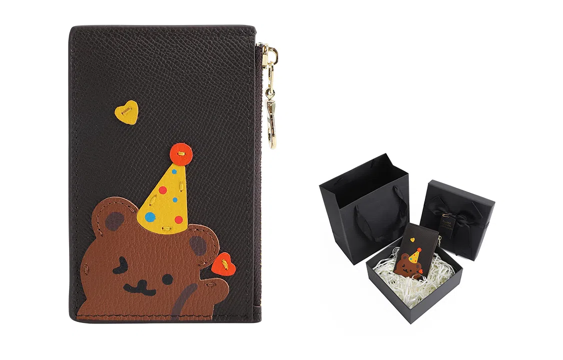 奢护匠心坊 可爱小熊卡包 头层牛皮 钱包一体大容量多卡位真皮轻薄证件收纳包带 男女同款情侣款 棕色