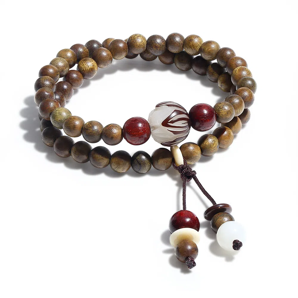 饰伴 绿檀香木  国潮新中式森系檀木佛珠新中式国风檀香莲花转运珠多圈叠戴 手链 男女同款情侣款