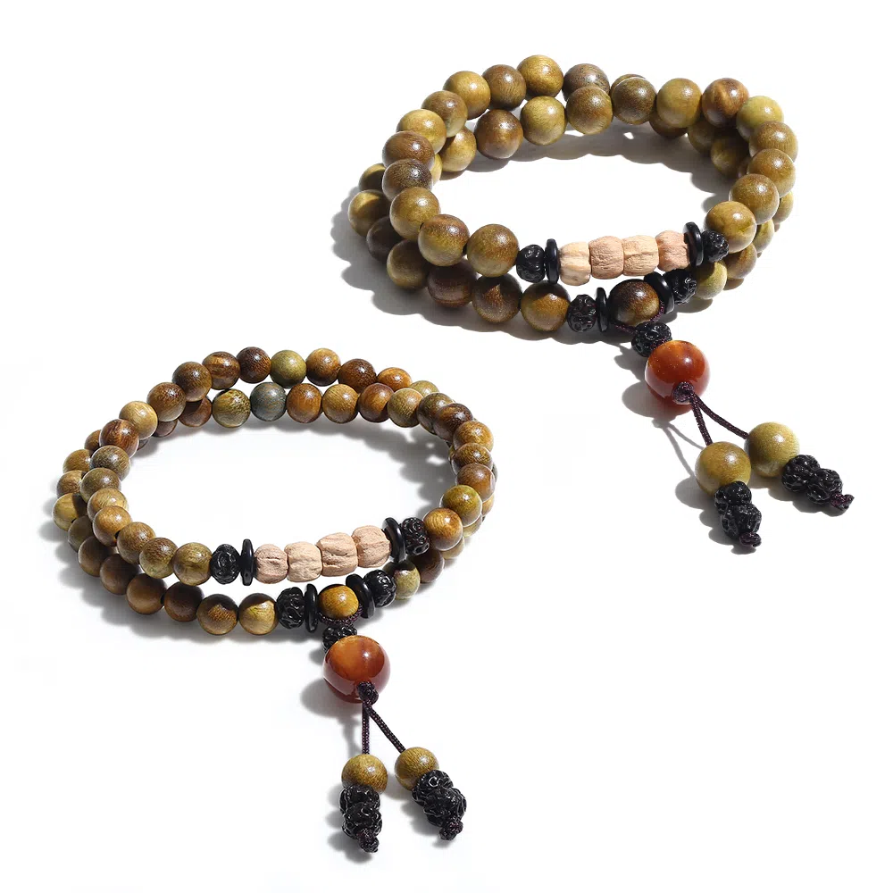 饰伴 绿檀香木  国潮新中式森系檀木佛珠新中式国风檀香莲花转运珠多圈叠戴 手链 男女同款情侣款