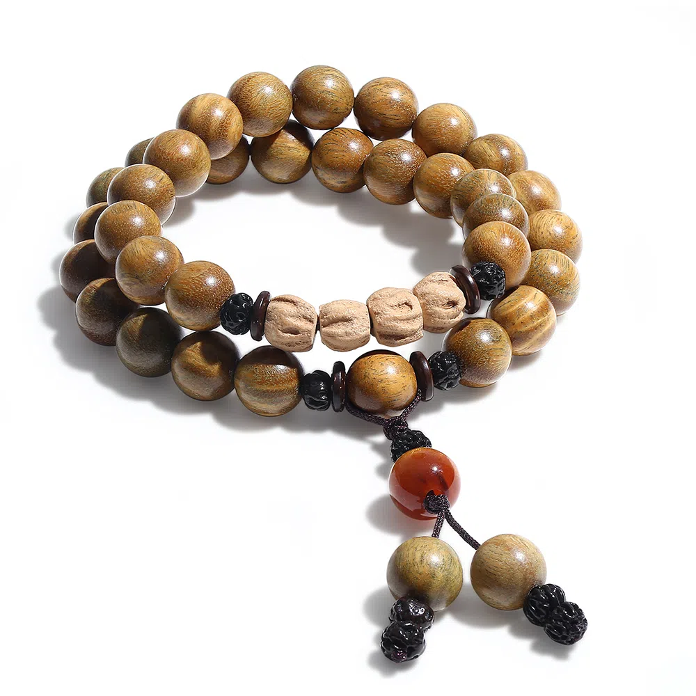 饰伴 绿檀香木  国潮新中式森系檀木佛珠新中式国风檀香莲花转运珠多圈叠戴 手链 男女同款情侣款