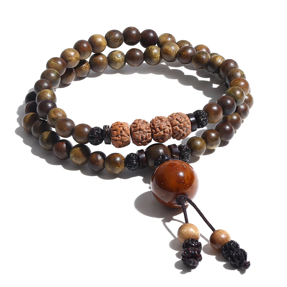 饰伴 绿檀香木  国潮新中式森系檀木佛珠新中式国风檀香莲花转运珠多圈叠戴 手链 男女同款情侣款