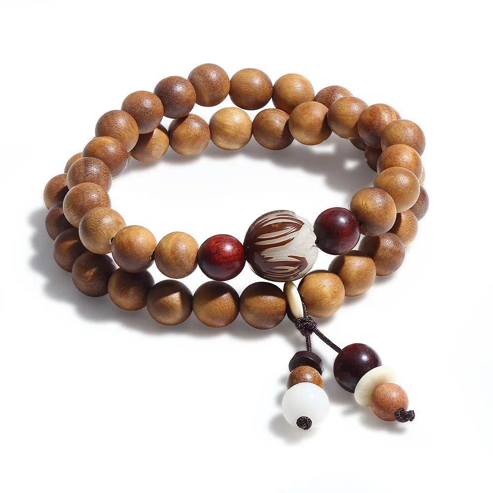 饰伴 绿檀香木  国潮新中式森系檀木佛珠新中式国风檀香莲花转运珠多圈叠戴 手链 男女同款情侣款