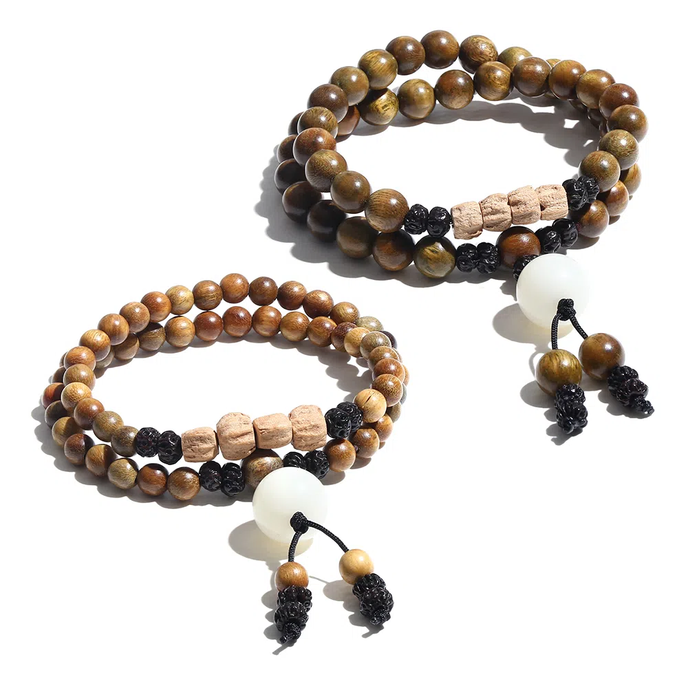 饰伴 绿檀香木  国潮新中式森系檀木佛珠新中式国风檀香莲花转运珠多圈叠戴 手链 男女同款情侣款