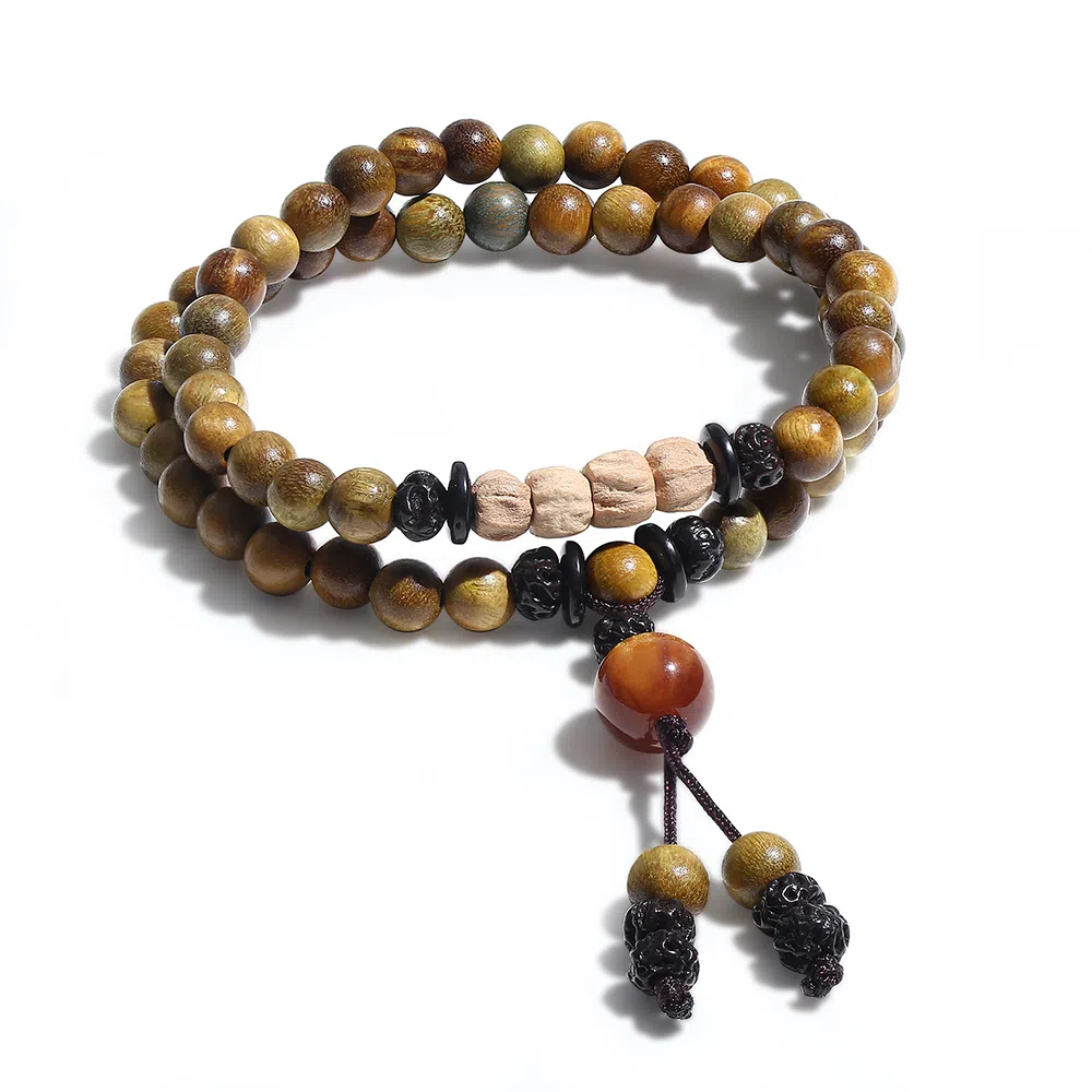 饰伴 绿檀香木  国潮新中式森系檀木佛珠新中式国风檀香莲花转运珠多圈叠戴 手链 男女同款情侣款