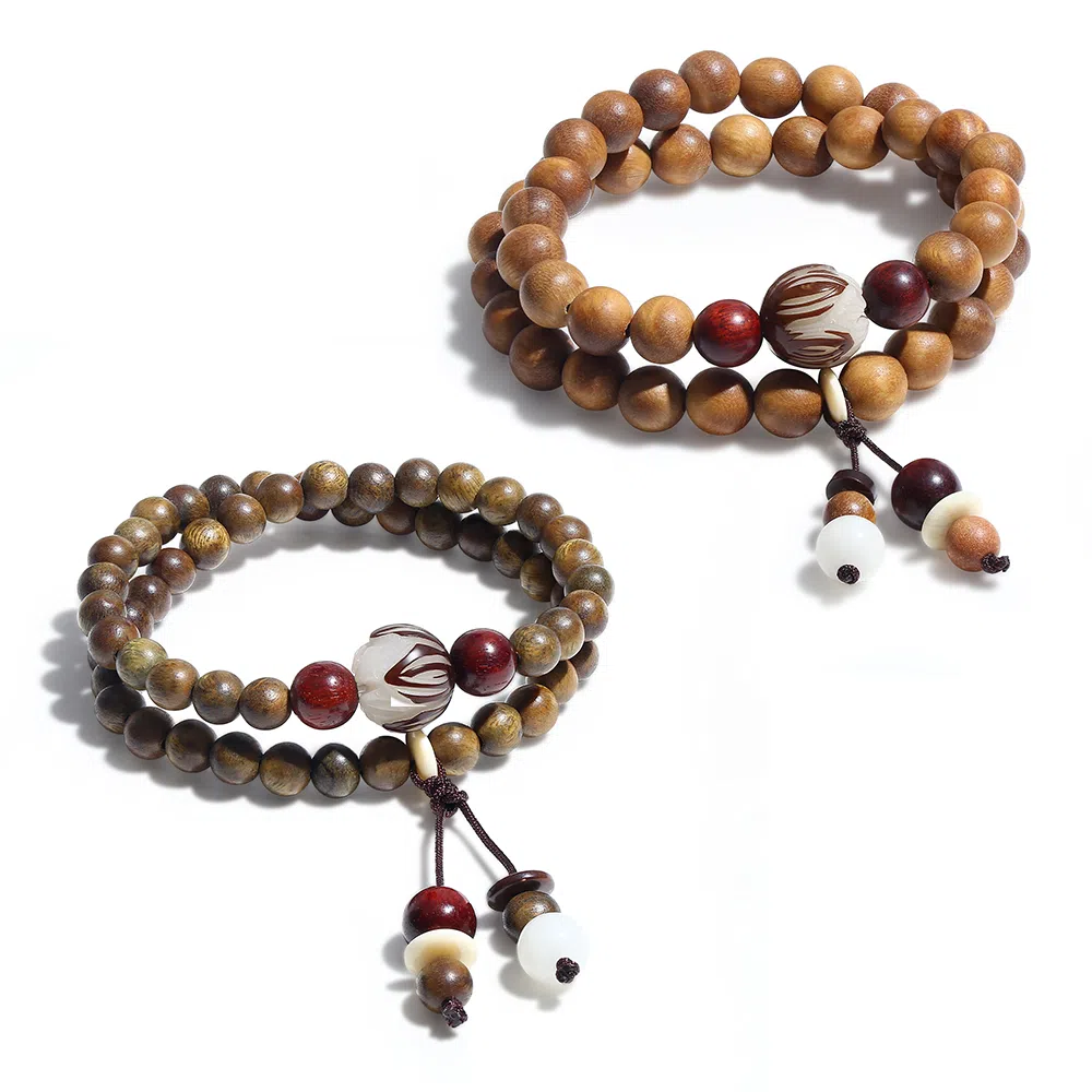 饰伴 绿檀香木  国潮新中式森系檀木佛珠新中式国风檀香莲花转运珠多圈叠戴 手链 男女同款情侣款