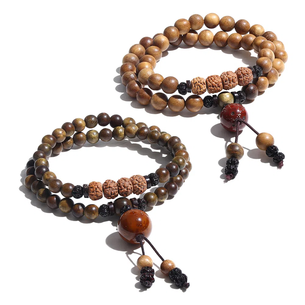 饰伴 绿檀香木  国潮新中式森系檀木佛珠新中式国风檀香莲花转运珠多圈叠戴 手链 男女同款情侣款