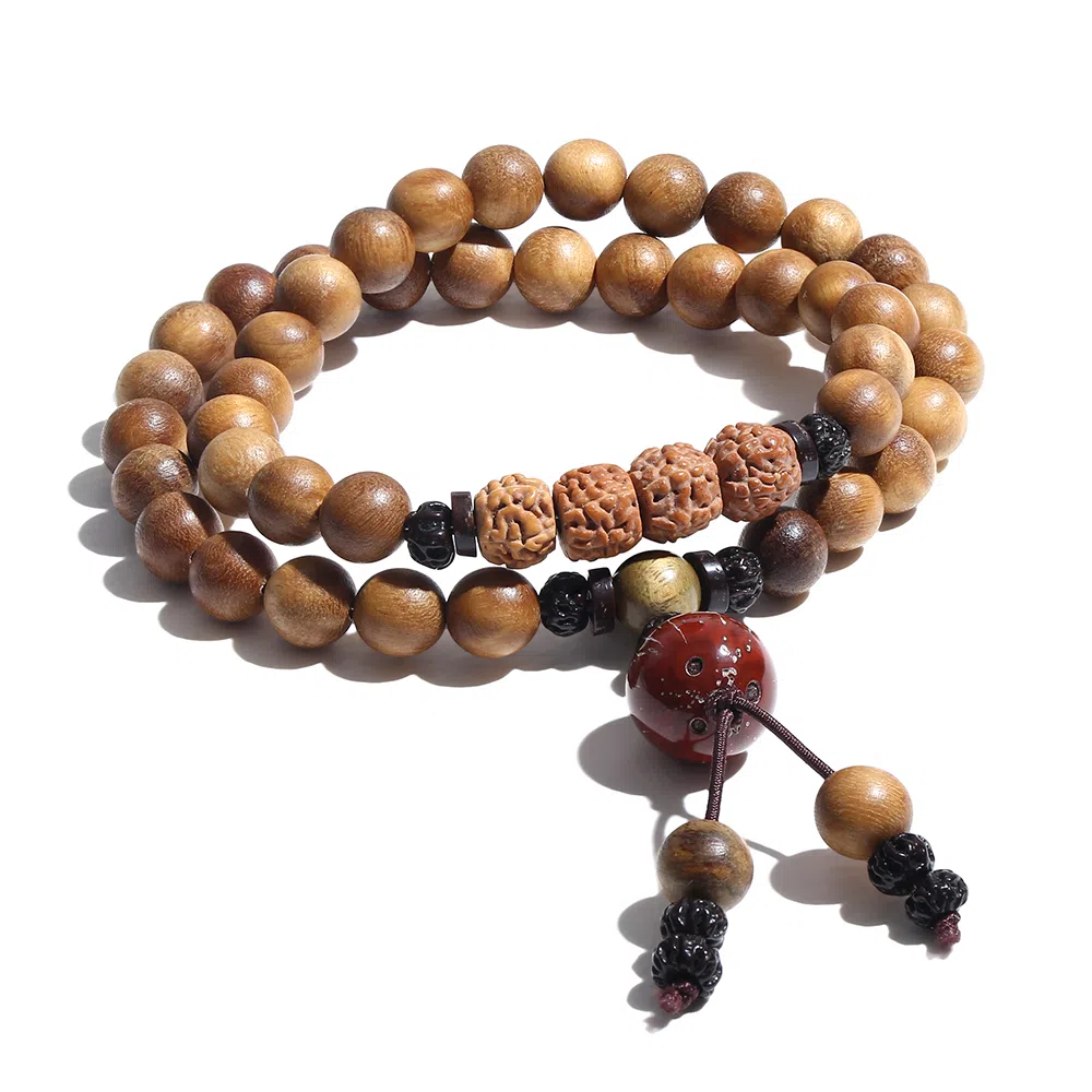 饰伴 绿檀香木  国潮新中式森系檀木佛珠新中式国风檀香莲花转运珠多圈叠戴 手链 男女同款情侣款