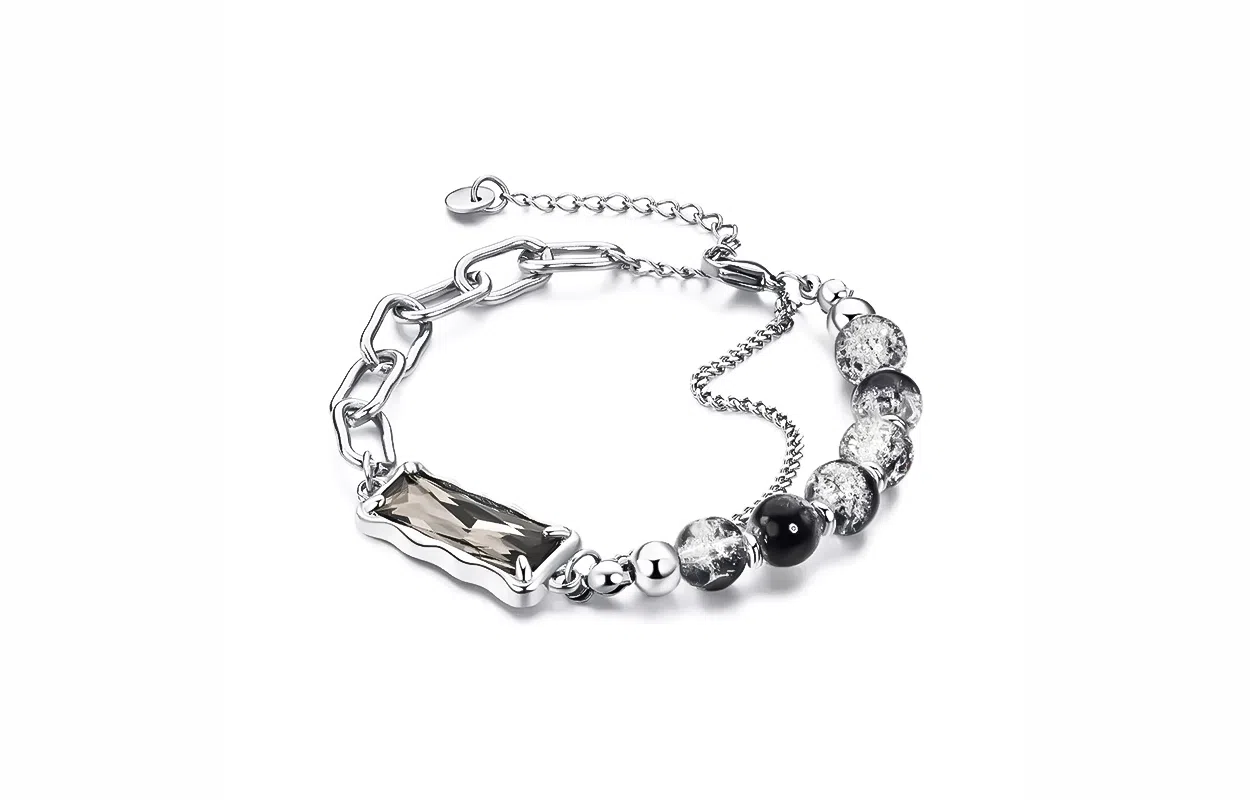 牧言 中性风潮酷简约小众设计高级感 冰裂亮面圆珠双层不规则拼接镂空链条百搭手饰 合金 手链 男女同款情侣款