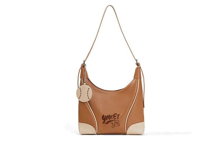 音魅 美式复古托特包简约美拉德拼接合成革单肩包通勤手提包大学生 女款 棕色/杏色